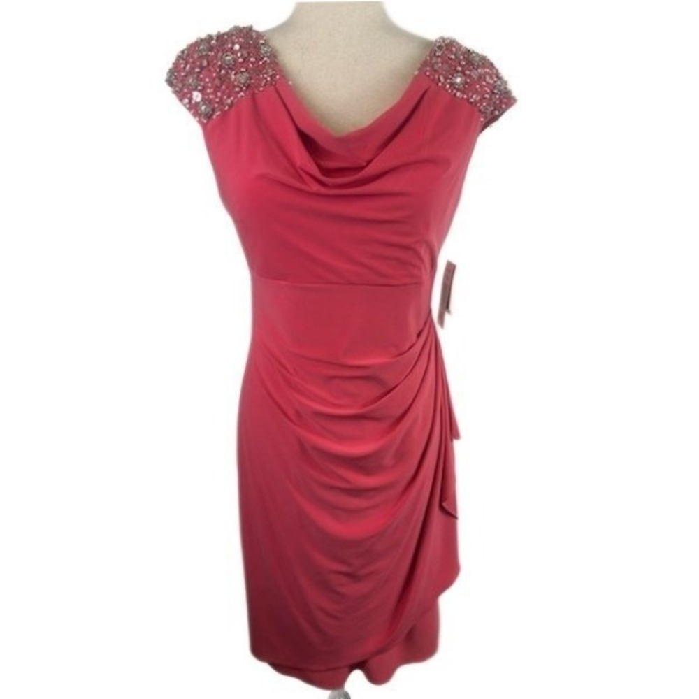New Alex Evenings Pink Guava Crystal Beaded Shoulder Drape Dress Women's Size 6